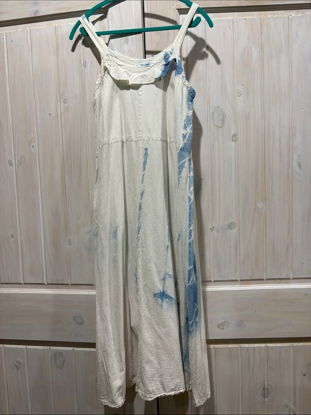 Cream Maxi Sundress with Blue Tie-Dye Accents